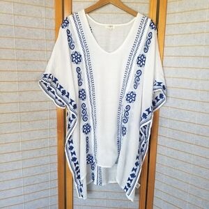 Umgee Crinkle Cotton Beach Cover-Up White Blue Embroidery Cotton Poly Size M/L